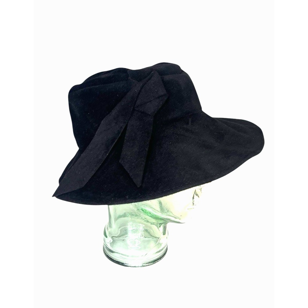 Patricia Underwood Black Wool Felt Hat Ribbon Bow Knot Floppy Cloche Bucket